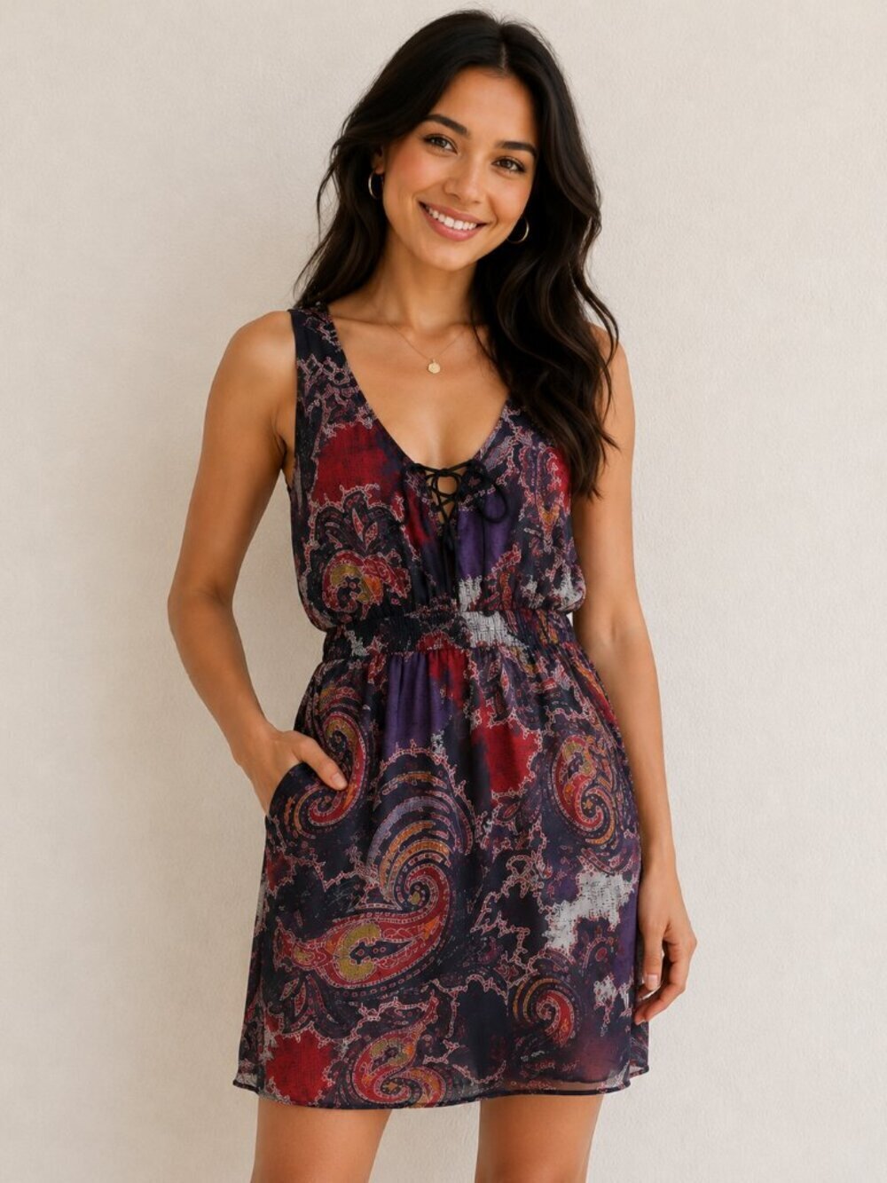 Free People Mini Dress Purple Paisley Boho XS
